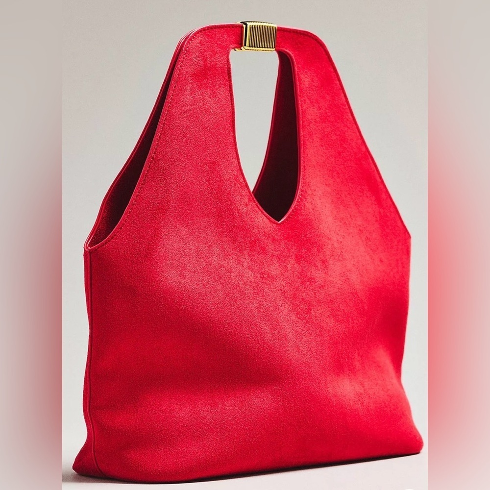 Anthropologie Red Faux Suede Gilded Handle Tote Bag